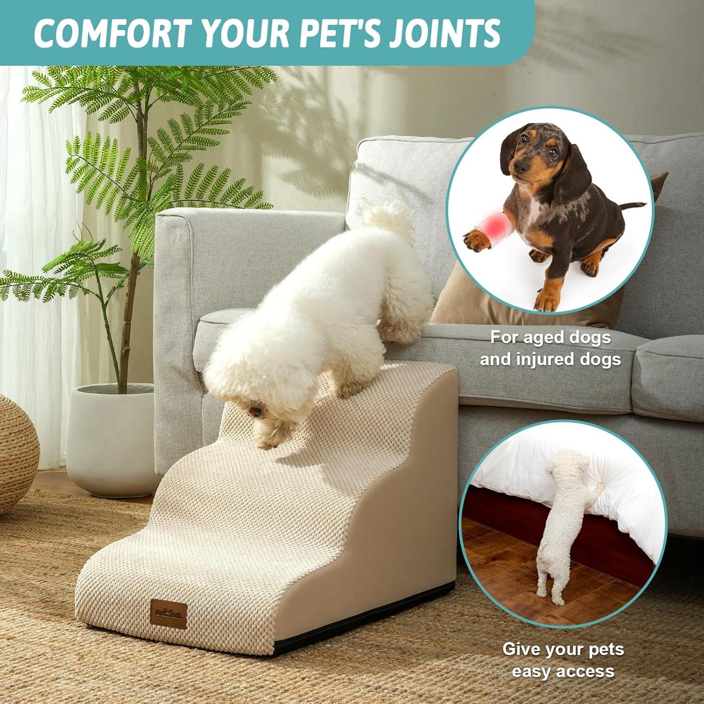 COZY KISS Extra Wide Dog Stairs with Tunnel, Foam Detachable Large Dog Step for Small Pet, Puppy or Cats, Medium Pet Ramp for High Bed, Couch, Sofa or Car, 19.7x33x22.4 inch, 5 Step, Beige