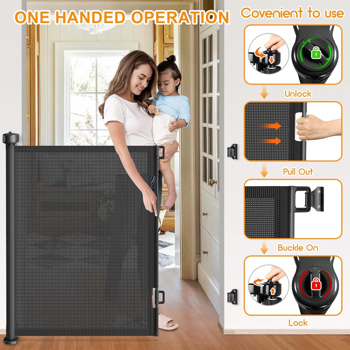 Upgrade 120 inch Retractable Baby Gates, EZIGO Extra Wide Baby Gate for Large Opening Extra Long Mesh Gate for Kids or Pet Dog Gate Child Safety Gate for Stairs Hallways Doorway Indoor Outdoor, Gray