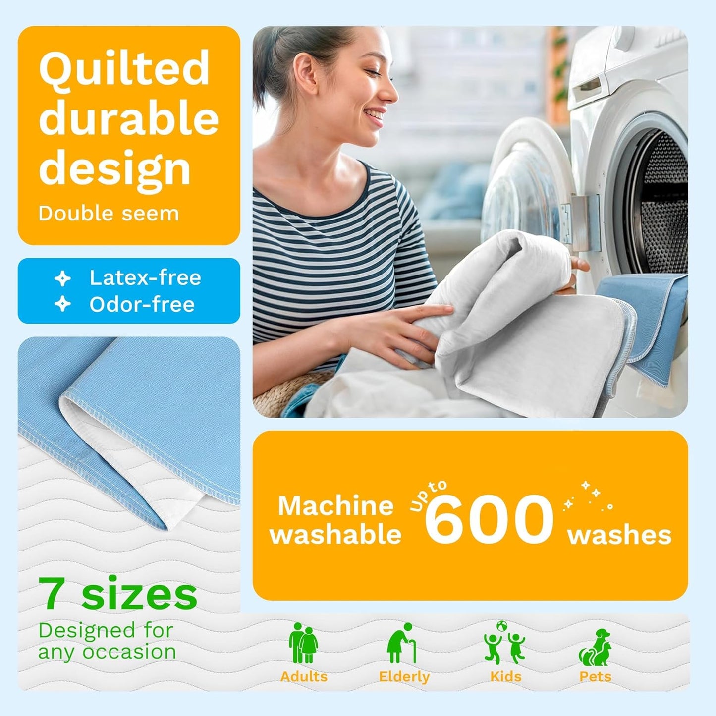 GREEN LIFESTYLE Washable Underpads - Large Pads for use as Incontinence Bed Pads, Reusable Pet Pads, Great for Dogs, Cats, Bunny, Seniors Bed Pad (Pack of 4-34x36)