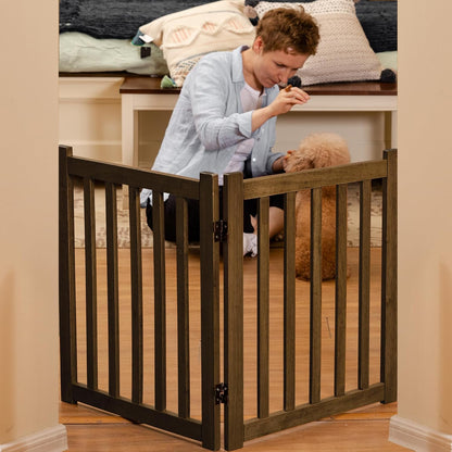 LZRS 2-Panel Wooden Free Standing Foldable Dog Gate Indoor – Solid Hardwood 24" High, Step-Over Safety Pet Gate for Doorways, Stairs & Small Spaces - Indoor Use, White