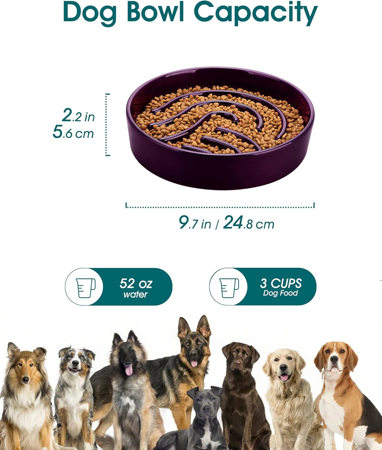 vancasso Slow Feeder Dog Bowl, 1.5 Cup Ceramic Slow Feeding Food Dish for Small and Medium Breed, Puzzle Dog Food Bowl for Fast Eater, Pink