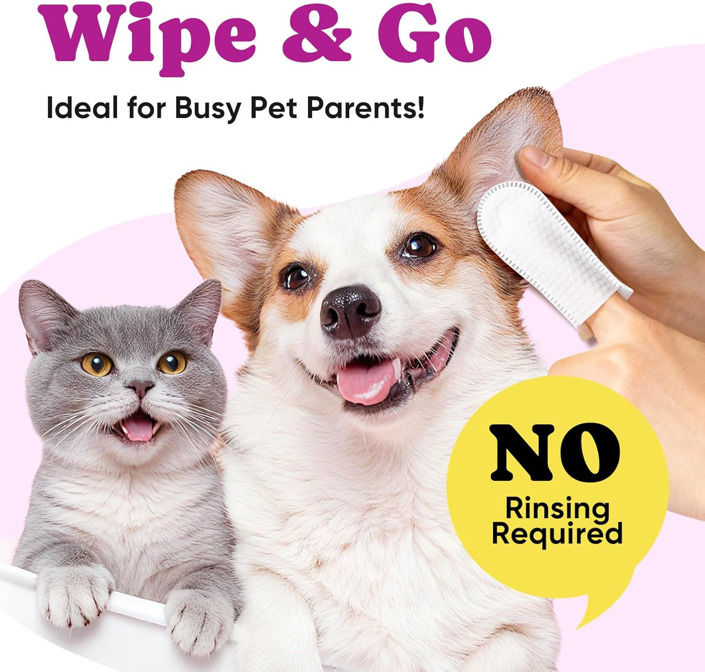 No-Rinse Dog Dental Care Wipes, Cat & Dog tooth brushing kit, Dog Wipes for Pet & Cat Teeth Cleaning, Dog toothbrush Finger Dental Wipes to Remove Plaque & Tartar, Disposable Dog Wipes - 50 Count