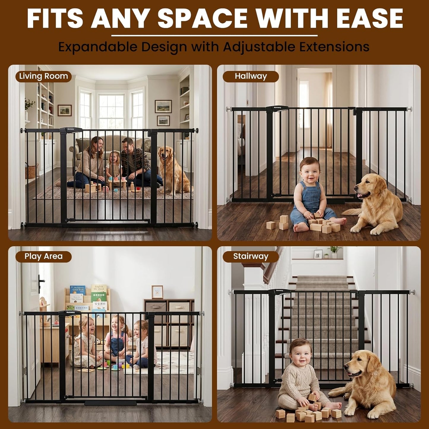 Mumeasy Baby Gate Extra Wide, 29.7-51'' Pressure Mounted Dog Gate with Walk Thru Door, Auto Close Pet Gate for House, Stairs, Doorways,Black