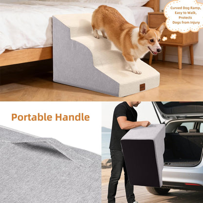 Dog Stairs for Small Dogs and Cats, 15.7" H, 3-Step Curved Pet Ramp for Couch Sofa and Chair, Non-Slip Medium Pet Steps with High Density Foam, Beige