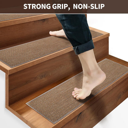 GROWLING Linen Stair Treads for Wooden Steps Indoor 30x8 inch, 15pcs Upgraded Self Adhesive Backing Non Slip Stair Carpets, Peel and Stick Stair Runner Rugs, Reusable Staircase Step Treads(Brown)