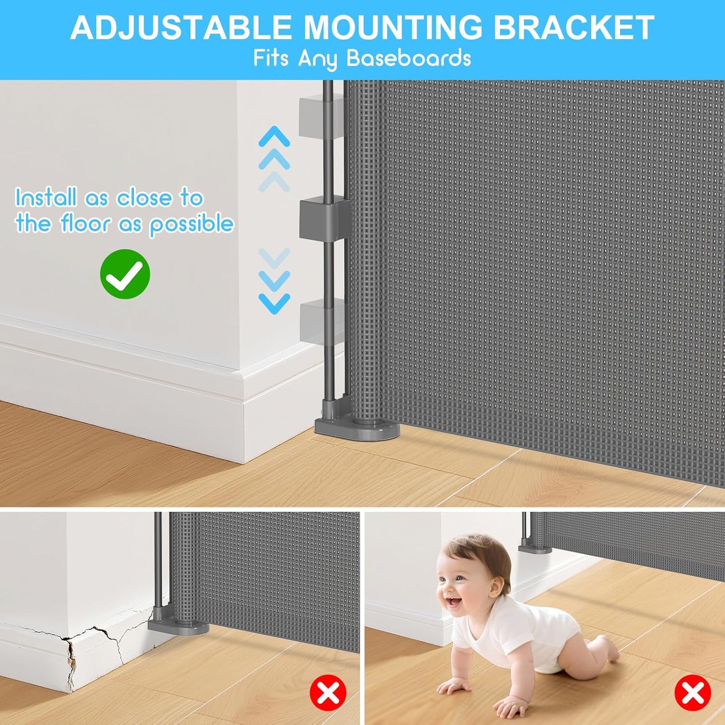 Upgrade 120 inch Retractable Baby Gates, EZIGO Extra Wide Baby Gate for Large Opening Extra Long Mesh Gate for Kids or Pet Dog Gate Child Safety Gate for Stairs Hallways Doorway Indoor Outdoor, Gray