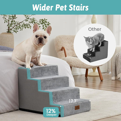 COZY KISS Dog Stairs for Small Dogs, 4 Tier Wider Pet Stairs for Couch and Beds, 17.7" H Non-Slip Dog Steps for Old Cats, Puppy, Small Medium Dogs, 17.7x23.6x17.7 inch, Beige