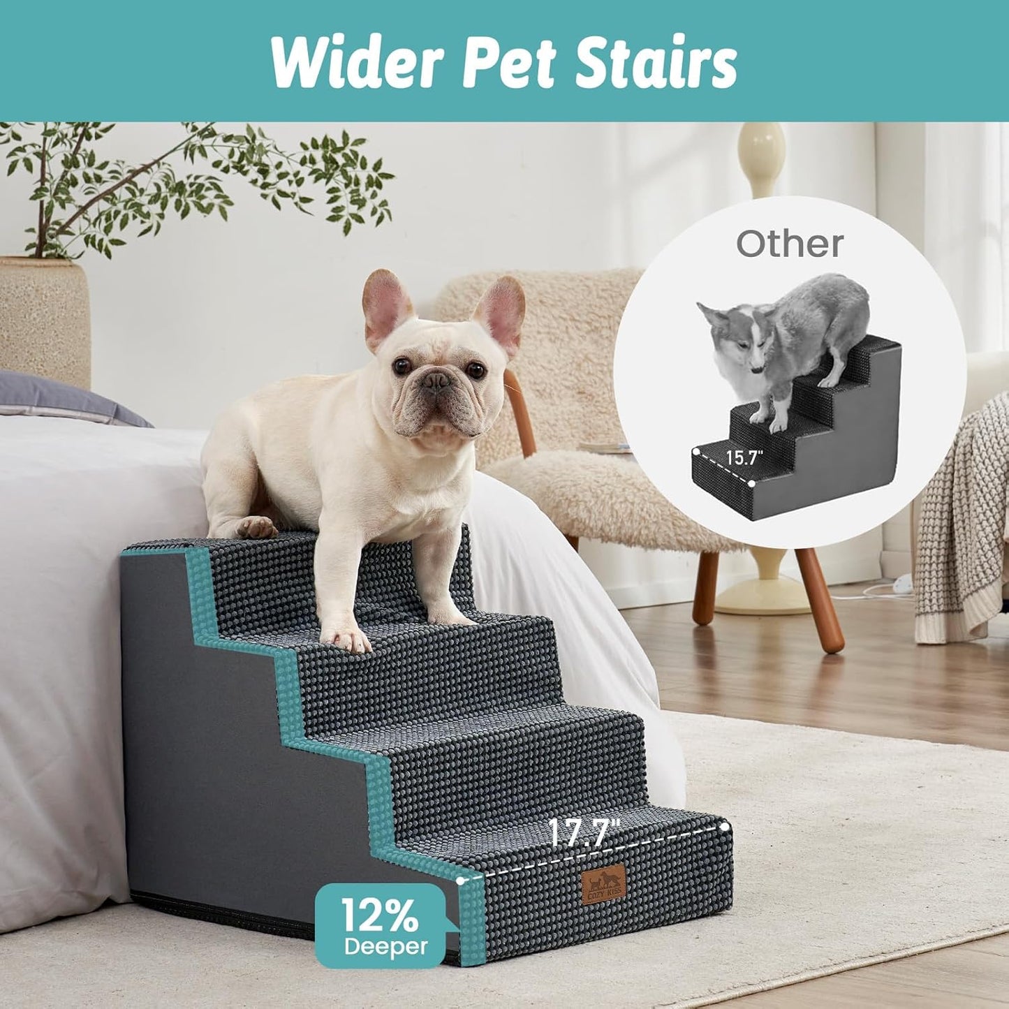 COZY KISS Dog Stairs for Small Dogs, 4 Tier Wider Pet Stairs for Couch and Beds, 17.7" H Non-Slip Dog Steps for Old Cats, Puppy, Small Medium Dogs, 17.7x23.6x17.7 inch, Beige