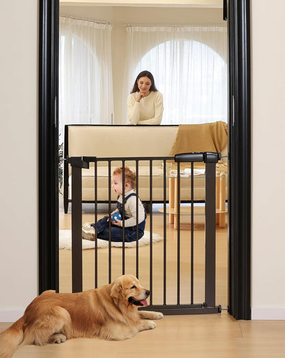 44.72"-46.89" Baby and Pet Safety Gate, 30" Tall Metal Walk-Thru Gate for Doorways & Stairs, Easy One-Hand Open, Dual Lock, Extensions & Wall Mounts Included (Brown, 29"-46" W x 30.5“H)