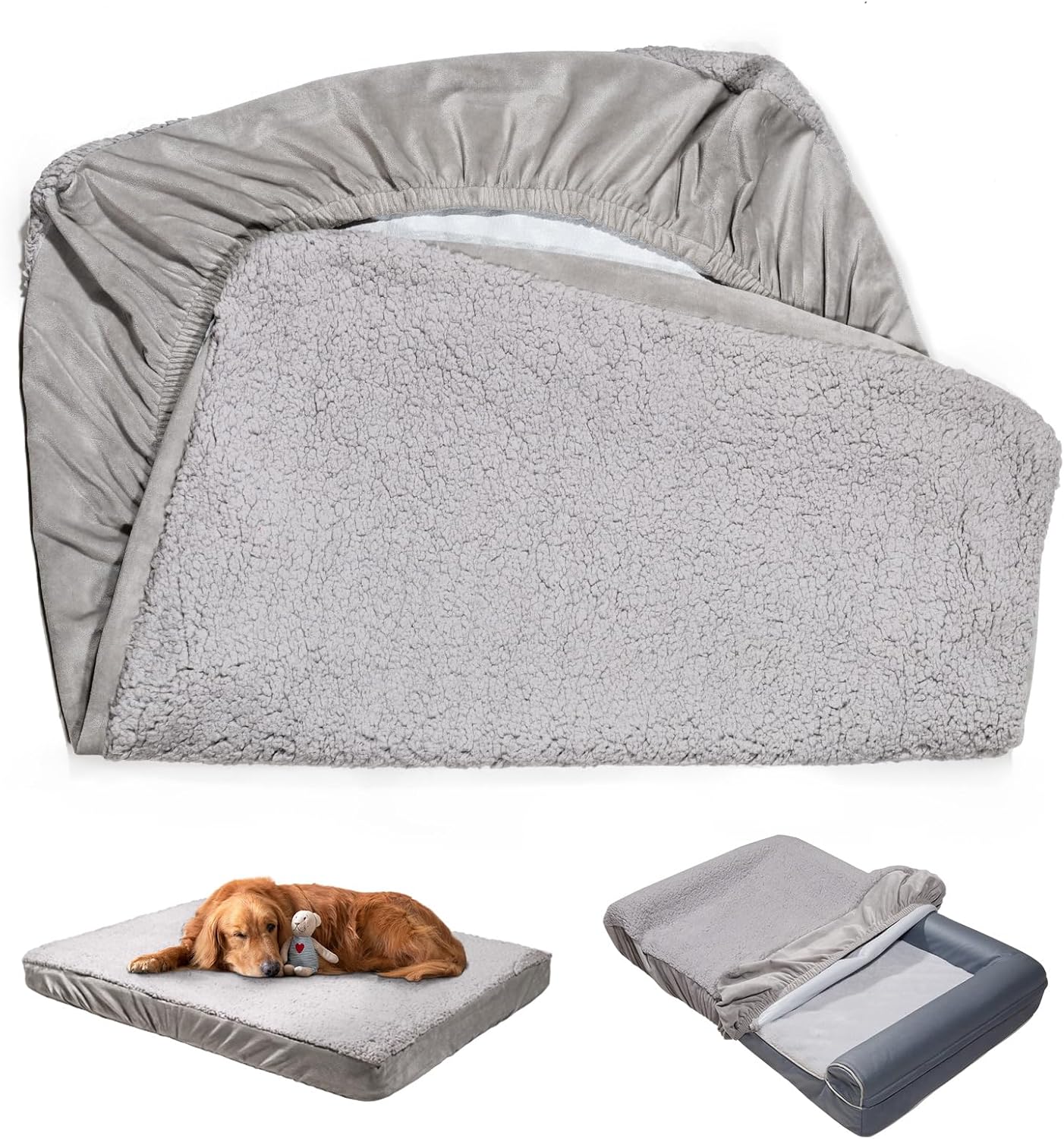 Sunsleek Dog Bed Covers Replacement Washable, Waterproof Dog Sofa Cover Ultra Soft Plush, Quilted, Pet Bed Cover for Cat, Cover Only (Grey, 35.0" L x 23.0" W x 6.5" Th)