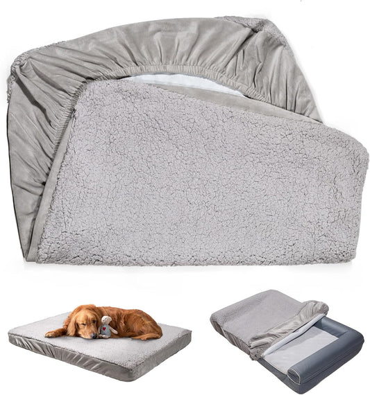 Sunsleek Dog Bed Covers Replacement Washable, Waterproof Dog Sofa Cover Ultra Soft Plush, Quilted, Pet Bed Cover for Cat, Cover Only (Grey, 35.0" L x 23.0" W x 6.5" Th)