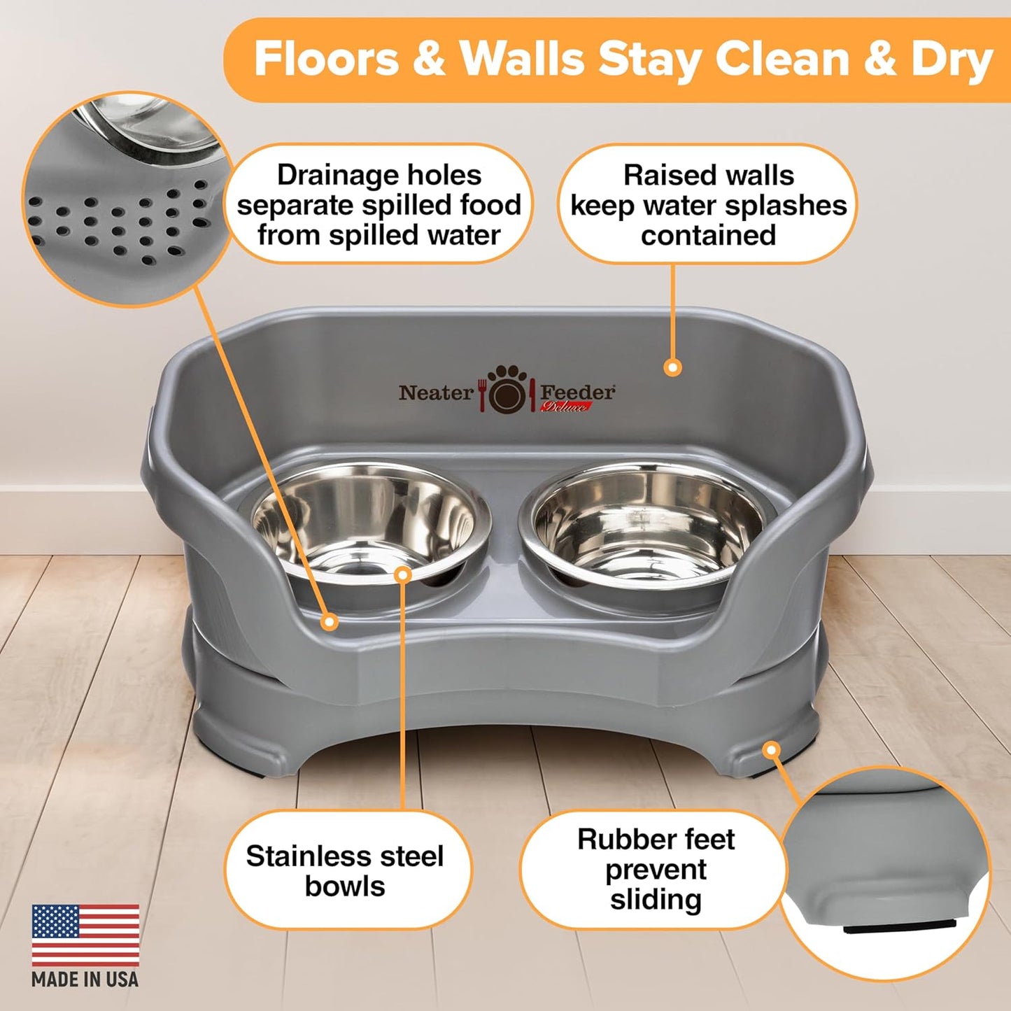 Neater Pet Brands Neater Feeder Deluxe Mess Proof Dog Bowls Elevated for Large Dogs Over 40 lbs, Made in USA, No Spill Raised Dog Food Bowl Stand Feeding Station, Food and Water Bowl Set, Black