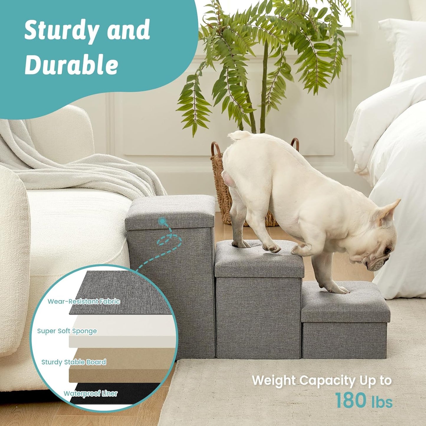 Dog Stairs with Storage, 4-Step Wider Sturdy Dog Steps for Small/Medium/Large Dogs and Older Cats, Folding Doggie Ramp for Bed/Couch/Car Hold Up to 180 lbs (22" H, Brown)