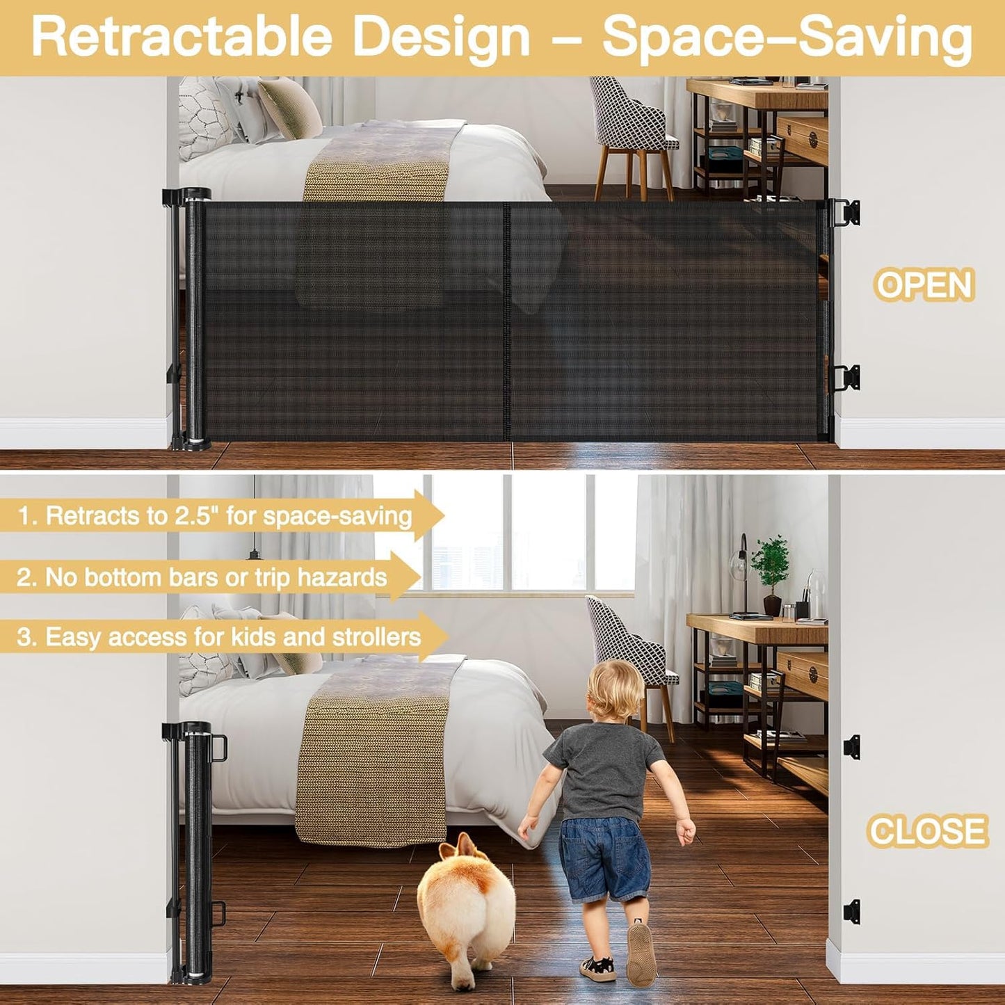 Reinforced 28 Inch Tall Retractable Baby Gates for Dogs, Easy Step Over Pet Gate with Support Rods, 55" Wide Retractable Dog Gate, Puppy Gates for The House Short Dog Gate for Stairs, Doorways, White