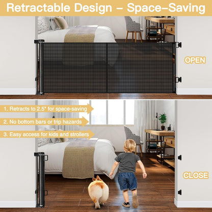 Reinforced 28 Inch Tall Retractable Baby Gates for Dogs, Easy Step Over Pet Gate with Support Rods, 55" Wide Retractable Dog Gate, Puppy Gates for The House Short Dog Gate for Stairs, Doorways, White