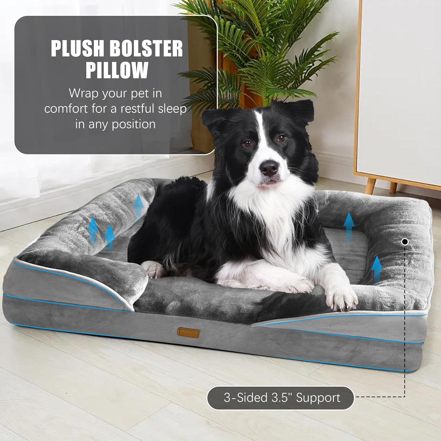 Spotted Play Orthopedic Dog Bed with Sides - Dog Sofa Beds for Medium Dogs, Supportive Foam Pet Couch Bed with Washable Removable Cover, Waterproof Lining and Non-Slip Bottom, Grey - M