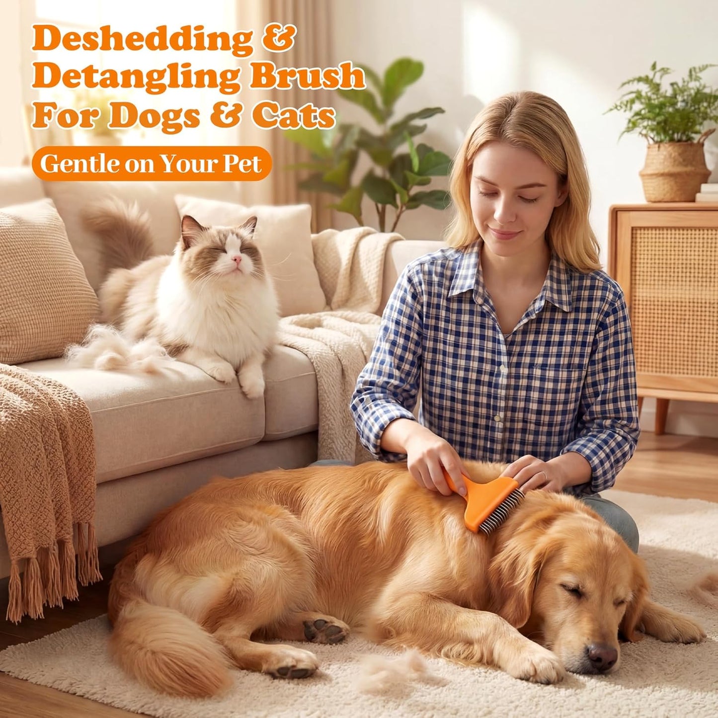 Undercoat Rake & Self-Cleaning Deshedding Brush for Dogs & Cats, Removes Mats & 95% Loose Hair, Grooming Tool for Long Hair Pets - Orange