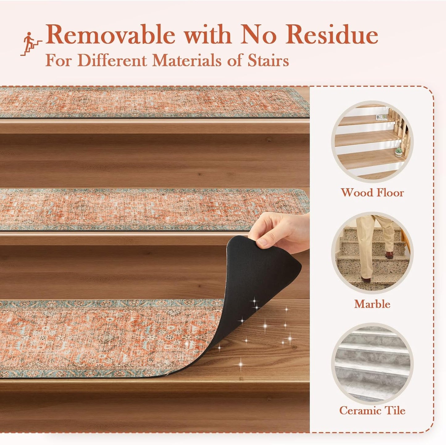 Tiveney Stair Treads Non Slip 15PCS 8"x30" Stair Runner, Rubber Backing Carpet Stair Treads for Wooden Steps, Washable Safety Carpet for Stairs Khaki Indoor Staircase Step Treads for Kids Elder Dogs