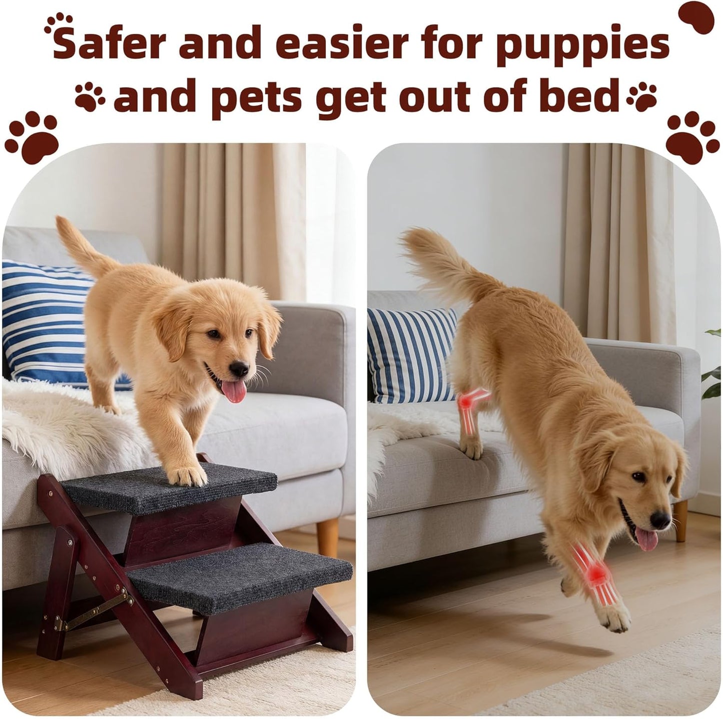 MEWANG Wooden Pet Stairs/Pet Steps - 3-in-1 Foldable Stairs & Ramp for Beds and Cars - Portable Dog/Cat Ladder Up to 220 Pounds - Great for Small and Older Animals(Brown) (24.8" L x 17.2" W x 19.5" H)