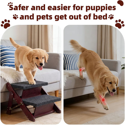 MEWANG Wooden Pet Stairs/Pet Steps - 3-in-1 Foldable Stairs & Ramp for Beds and Cars - Portable Dog/Cat Ladder Up to 220 Pounds - Great for Small and Older Animals(Brown) (24.8" L x 17.2" W x 19.5" H)