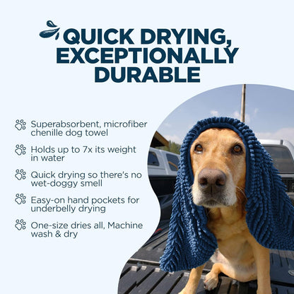 Soggy Doggy Super Shammy Dog Towel – Absorbent Microfiber Chenille Pet Towel for Drying Wet Dogs, Paws, Quick Dry Dog Shammy with Hand Pockets, Machine Washable – Chocolate/Oatmeal Trim, 31” x 14”