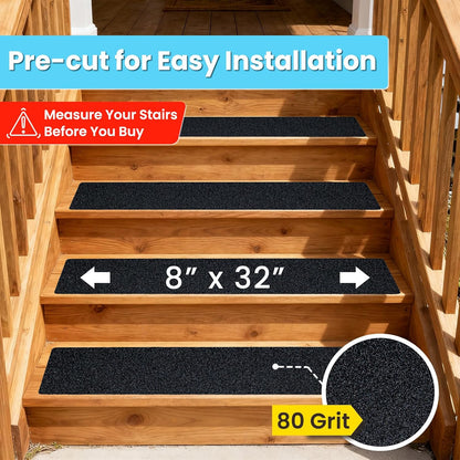 LifeGrip Outdoor Stair Treads Non-Slip 12 Pack, 6"x32" Waterproof Grip Tape for Wooden Steps, Deck, Porch - 80-Grit Adhesive Strips for Dogs, Kids & Elderly Safety