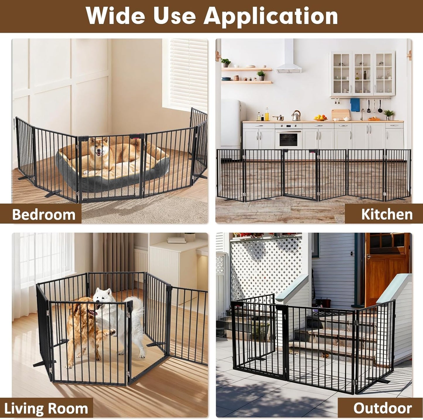 104" Extra Wide Dog Gate, Heavy Duty Metal Freestanding Dog Gate with Door for Indoor & Outdoor, Foldable Pet Fence for Doorways,House,Porch,Deck,Yard,Stairs, Auto Close(4 Panels,Black)
