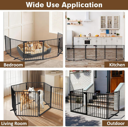 104" Extra Wide Dog Gate, Heavy Duty Metal Freestanding Dog Gate with Door for Indoor & Outdoor, Foldable Pet Fence for Doorways,House,Porch,Deck,Yard,Stairs, Auto Close(4 Panels,Black)