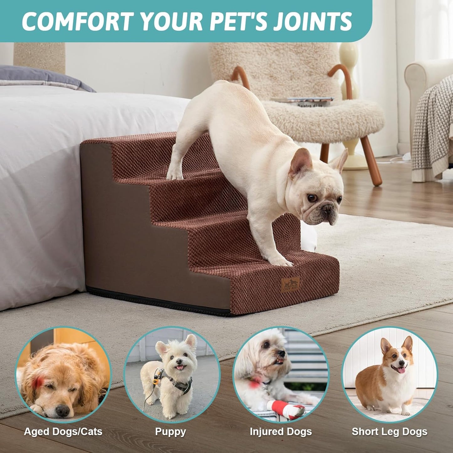 COZY KISS Dog Stairs for Small Dogs, 4 Tier Wider Pet Stairs for Couch and Beds, 17.7" H Non-Slip Dog Steps for Old Cats, Puppy, Small Medium Dogs, 17.7x23.6x17.7 inch, Beige