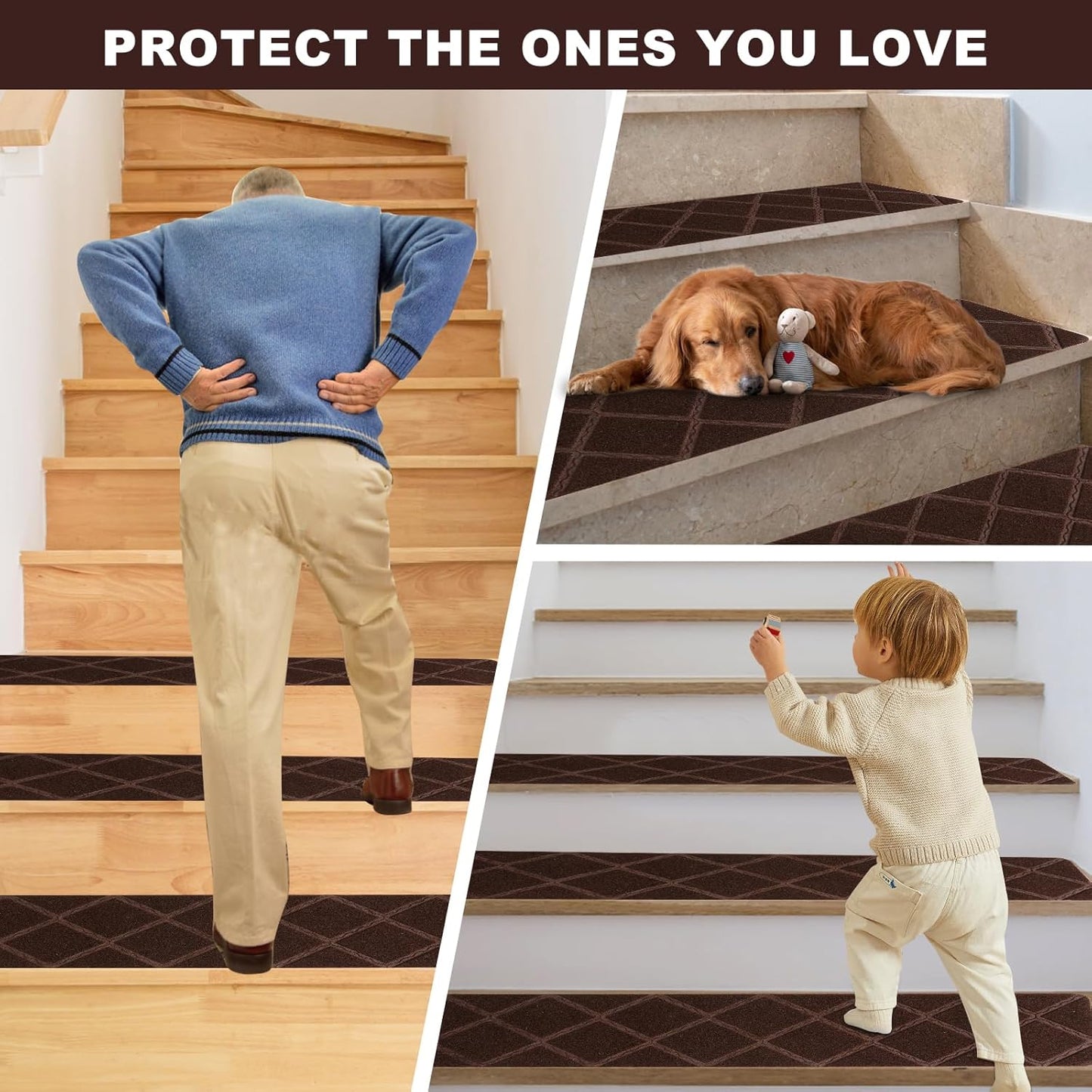 Stair Treads for Wooden Steps, 8" x 30" Non Slip Stair Runner, Peel and Stick Carpet Stair Treads with Reusable Adhesive, Indoor Stair Rugs Covers Mats Pads for Kids Elders Dogs, Brown 15Pcs