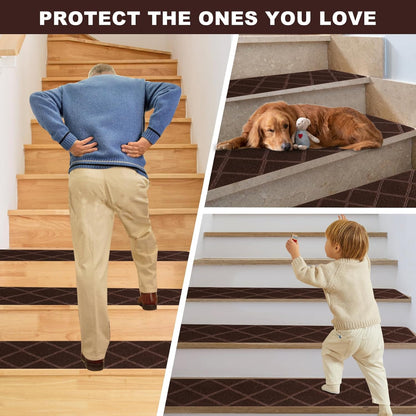 Stair Treads for Wooden Steps, 8" x 30" Non Slip Stair Runner, Peel and Stick Carpet Stair Treads with Reusable Adhesive, Indoor Stair Rugs Covers Mats Pads for Kids Elders Dogs, Brown 15Pcs