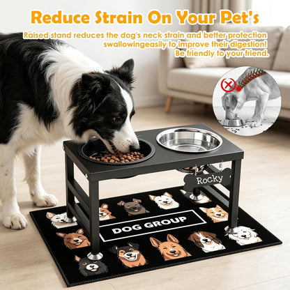 ADENGL Metal Raised Dog Bowl, 10" Tall Elevate Dog Feeder Stand with 2 Stainless Steel 42oz Bowls & 16x24 Non-Slip Mat – Stronger Dogs Food & Water Bowl Stand (Black)