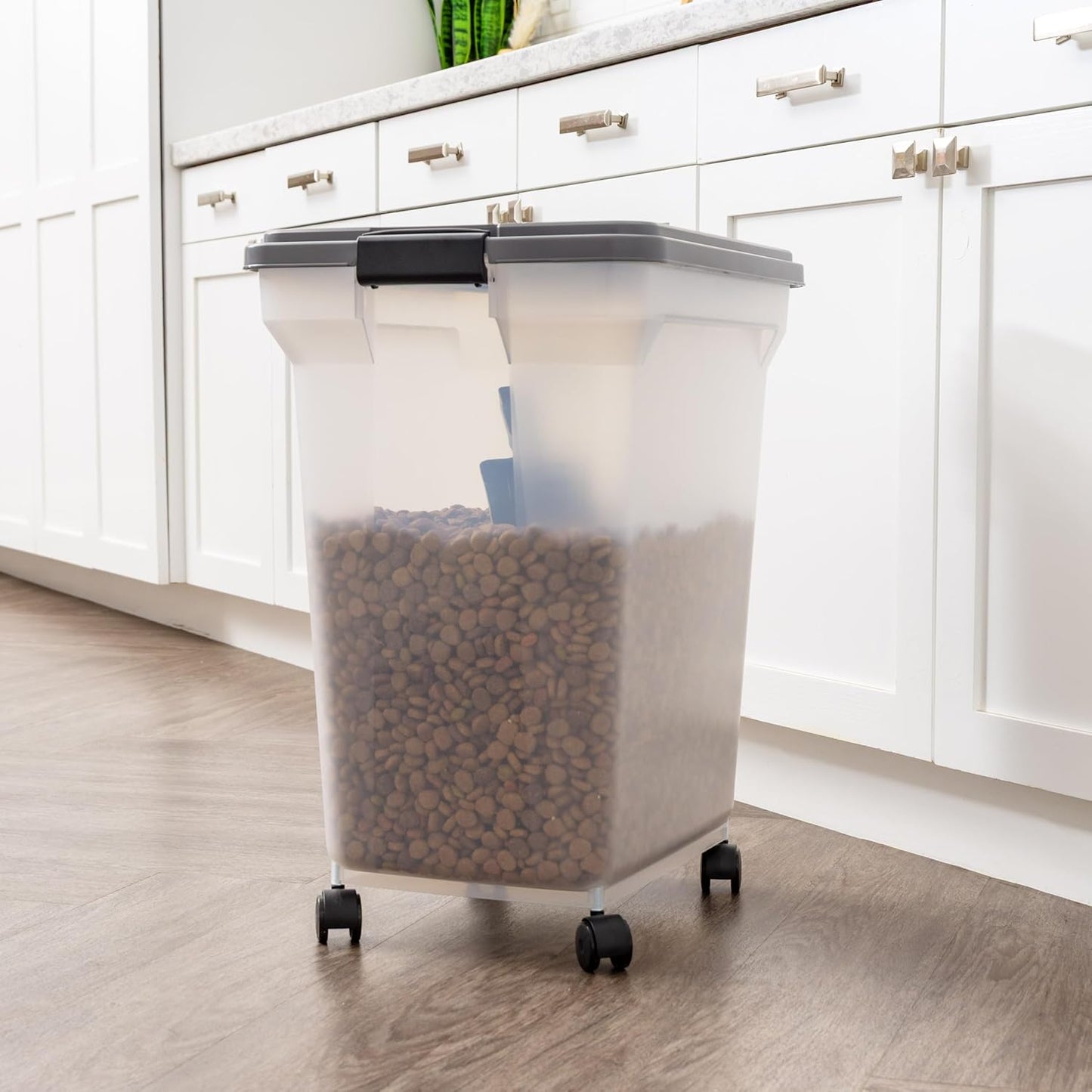 IRIS USA Airtight Dog Food Storage Container, WeatherPro, Up to 40 lbs, Removable Wheels, for Dog Cat Bird and Other Pet Food Storage Bin, Keep Fresh, Translucent Body, Made in USA, Smoke/Black