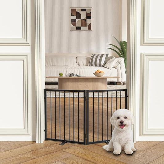 SNUOWU Full Metal Freestanding Dog Gate with Door, 32''Height Foldable Pet Dog Fence for Indoor & Outdoor, 4 Panels Extra Wide Free Standing TallDog Gates for Doorways,House,Stairs,Porch,Deck,Yard