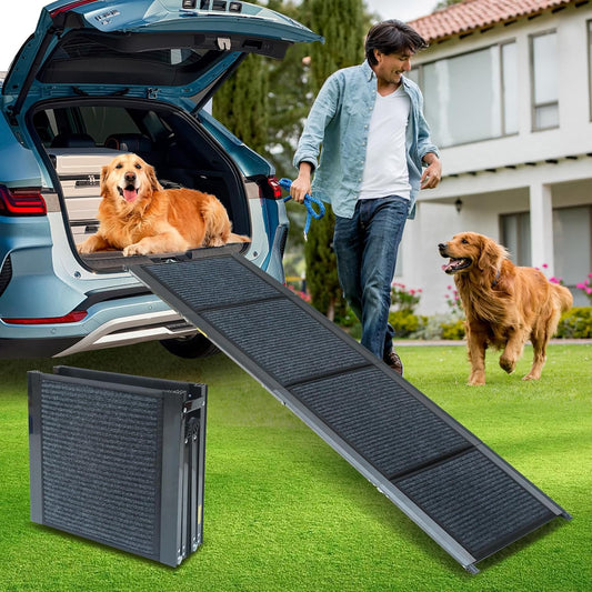 PawStep 63” x 17” Foldable Aluminum Dog Ramp – 63-Inch Length for Standard Cars & SUVs, 250 lb Capacity, Lightweight Four-Fold Portable Pet Ramp (51014)