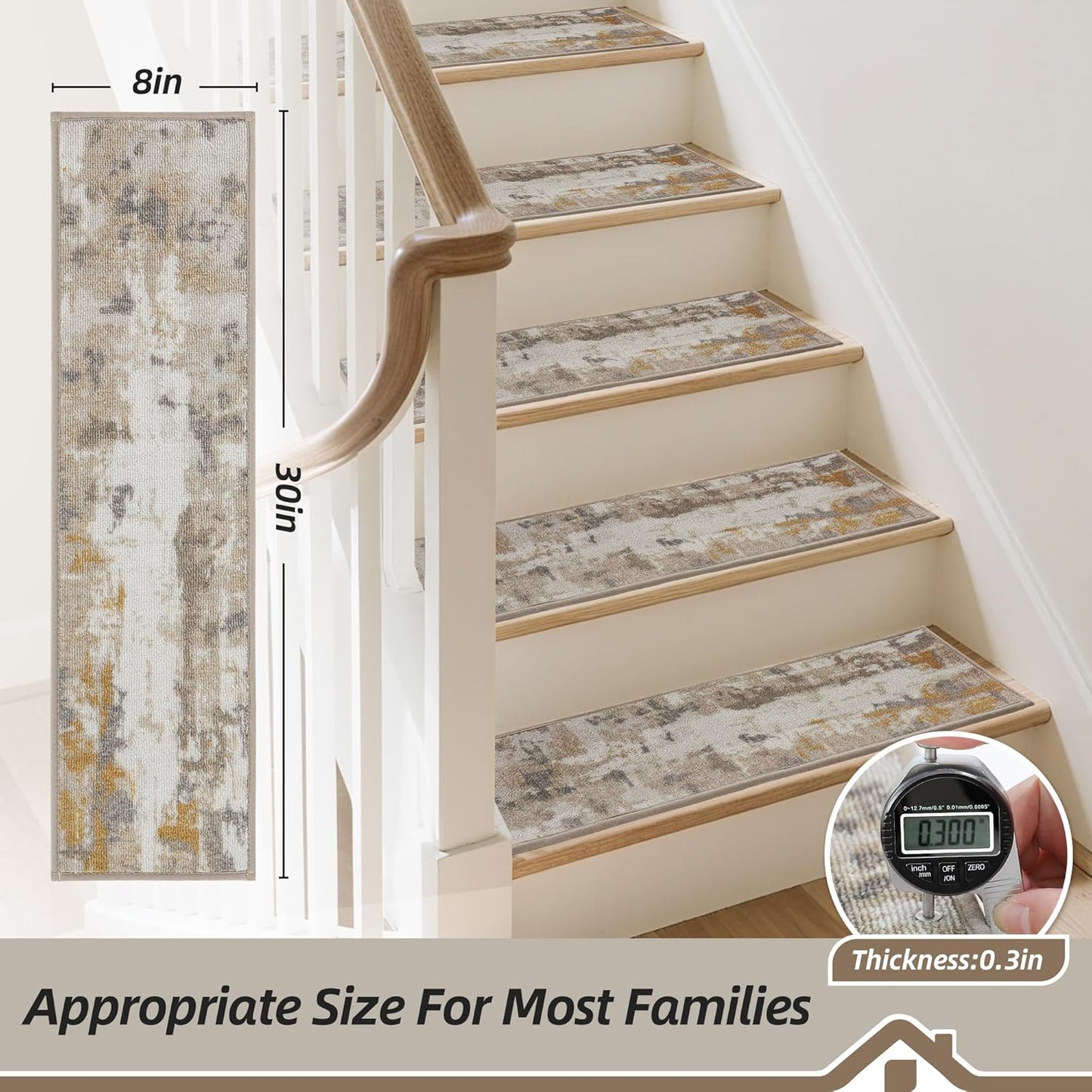 BEQHAUSE Stair Treads for Wooden Steps Non-Slip Machine Washable Carpet Stair Treads 8"X30" Soft Indoor Stair Runner for Kids Elders and Pets, 100% Polyester, TPE Backing, 15pcs, Brown/Grey