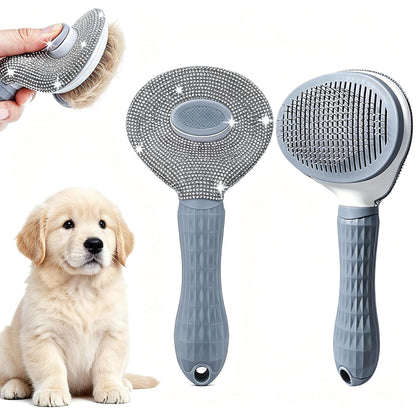 Diamond Rhinestone Cat Hair Brush Deshedding Brush Dog Hair Remover Tool Stainless Steel Comb Slicker Brush with Release Button for Dog Cat Rabbit Shedding Pets Grooming (Pink)
