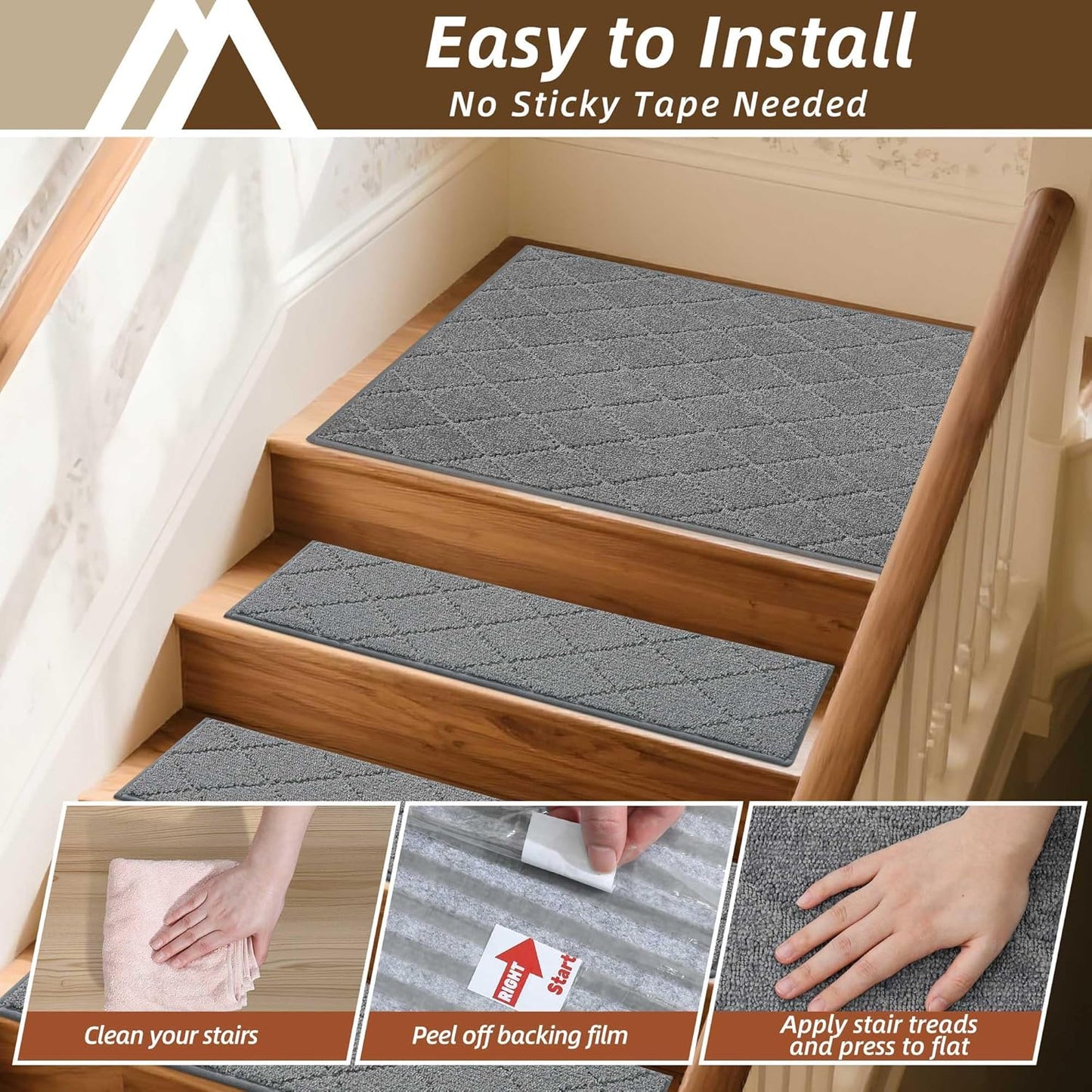 COSY HOMEER Edging Stair Treads Non-Slip Carpet Mat 28inX9in Indoor Stair Runners for Wooden Steps, Edging Stair Rugs for Kids and Dogs, 100% Polyester TPE Backing (7pc, Beige)
