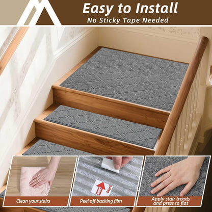 COSY HOMEER Edging Stair Treads Non-Slip Carpet Mat 28inX9in Indoor Stair Runners for Wooden Steps, Edging Stair Rugs for Kids and Dogs, 100% Polyester TPE Backing (7pc, Beige)