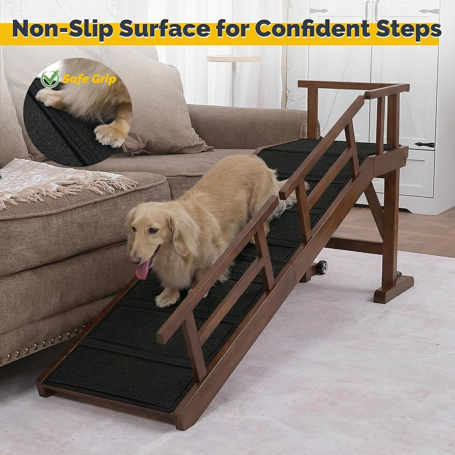 Dog Ramp for Bed or Couch, Wooden Pet Ramp with 20° Gentle Slope, Removable Side Rails, Non-Slip Surface, Top Platform & Wheels, Safe Bed Ramp for Small, Large & Senior Dogs, 60" Long, Mahogany