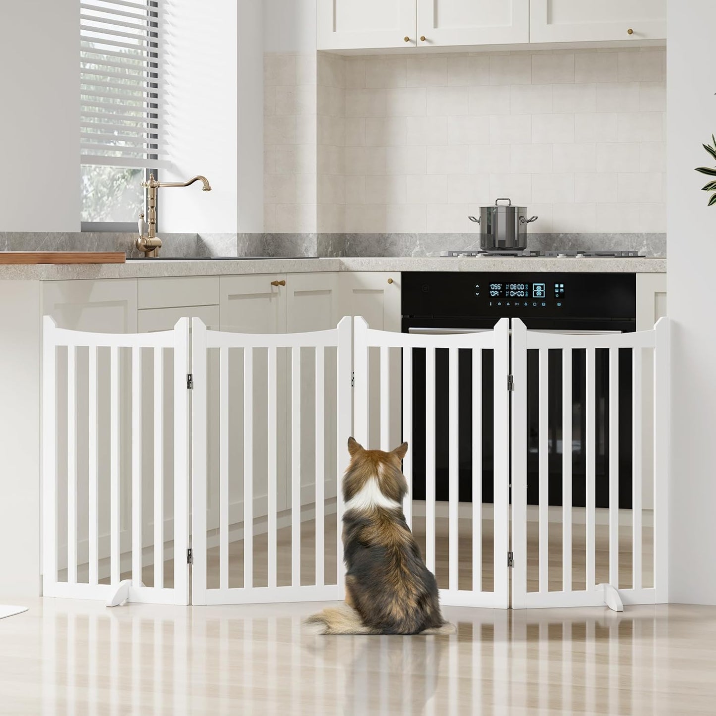Topeakmart Dog Fence Indoor 36" Tall 4-Panels Wooden Foldable Dog Gate for Pets with 2 Support Feet Freestanding Pet Barrier for Doorways, Porch, Stairs, Kitchen White 79.5" L × 36" H