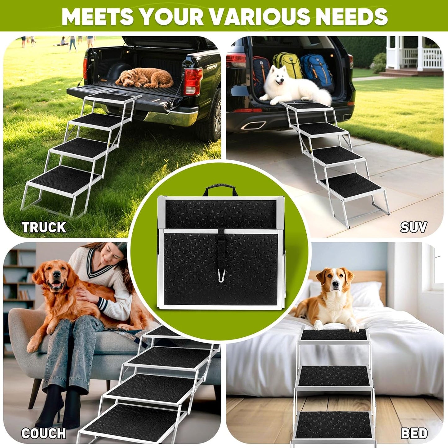 Dog Stairs for Large Dogs,Dog Stairs for Cars,Foldable Dog Ramp Pet Steps Light Weight Aluminum,Extra Wide Dog Stair for Large Dogs,High Beds, Trucks, Supports up to 200 lbs (Extra Wide-4 Steps)
