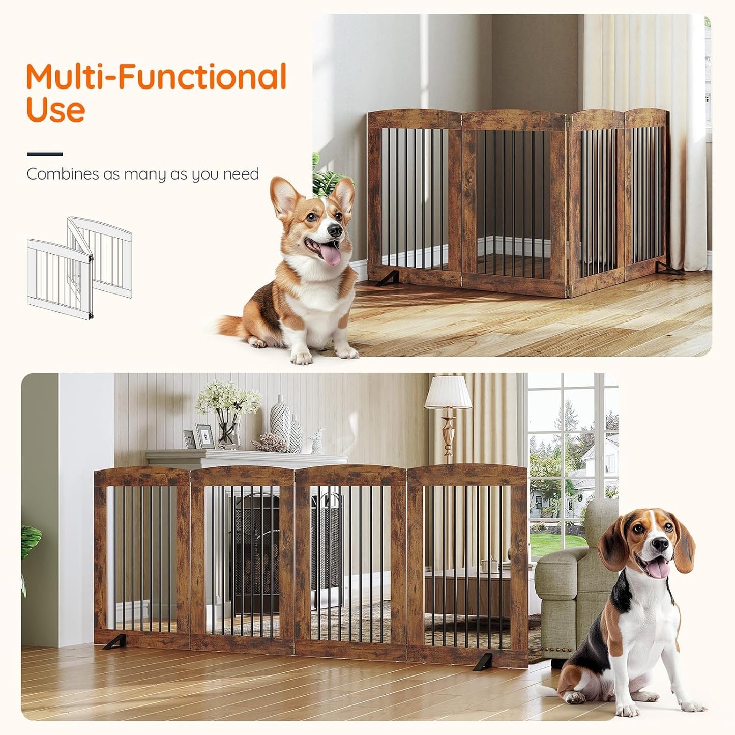HOOBRO Indoor Dog Gate with Support Feet, Freestanding Pet Gate for Doorway, Stairs, 31.5 Inch 3 Panels, Folding Dog Fence, 360° Hinge for Easy Access, Sturdy Iron Pipe, Rustic Brown BF06PP03