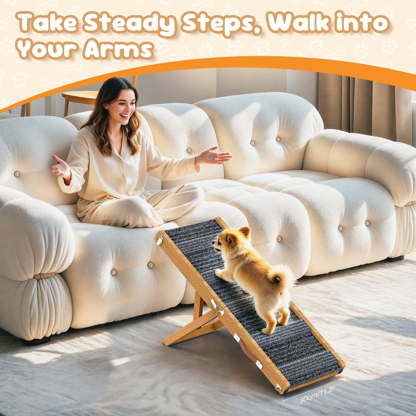 Pawaboo Foldable Dog Ramp, Small Dog Ramp for Couch, 4 Adjustable Height from 13'' to 21", Stable Pet Steps with Non-Slip Pad, Portable Pet Ramps Use for Couch Sofa Stairs, Wood