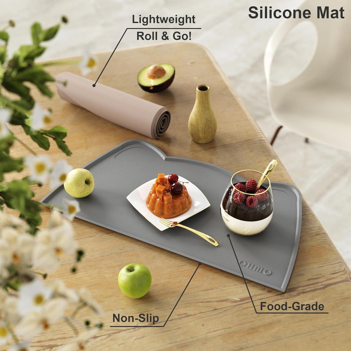 OHMO - Cat Food Mat, Silicone Pet Feeding Mat for Floor Non-Skid Waterproof Dog Water Bowl Tray, Easy to Clean Pet Placemat (Erythrinus, 18 * 9.8'')
