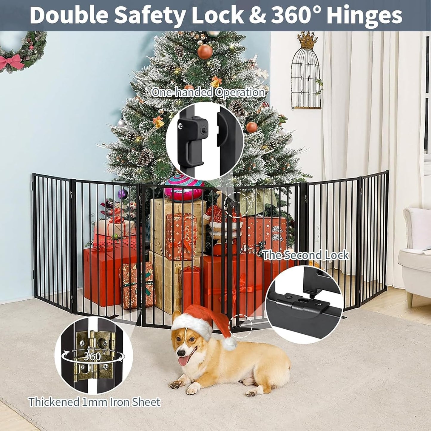 Metal Freestanding Dog Gates with Door for Outdoor Indoor,80'' Extra Wide 32'' Tall Free Standing Dog Gate for Doorways,Large Openings,Deck,Yard,Foldable Safety Pet Fence(Black,4 Panels)
