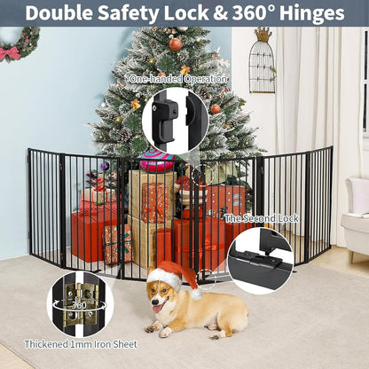 Metal Freestanding Dog Gates with Door for Outdoor Indoor,80'' Extra Wide 32'' Tall Free Standing Dog Gate for Doorways,Large Openings,Deck,Yard,Foldable Safety Pet Fence(Black,4 Panels)