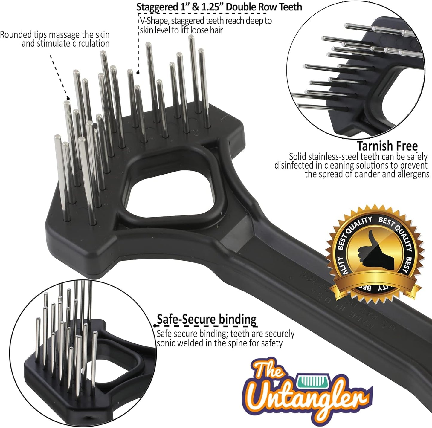 Undercoat Mini-Rakes for Effective Dematting and Grooming Dogs and Cats has V-Shape Head and Double Row, Stainless-Steel Rotating Teeth (Extra-Long Tooth Mini Rake)