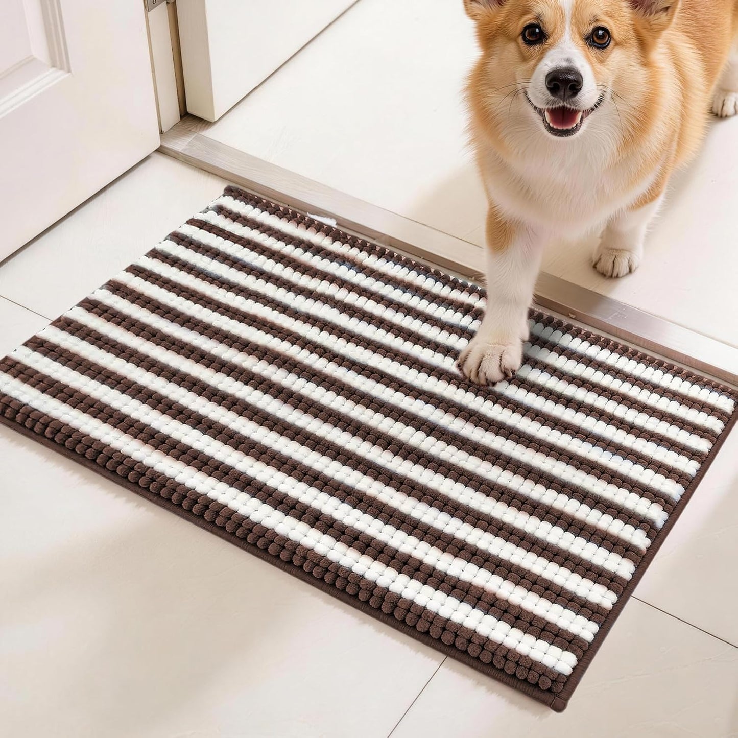 pobopobo Dog Door Mat for Muddy Paws - Absorbent & Washable Chenille Rug, Non-Slip Dirt Trapper for Indoor Outdoor Entryway, Quick Dry Pet Mat for Muddy Dogs (Striped Gray-Blue&White, 24" x 16")