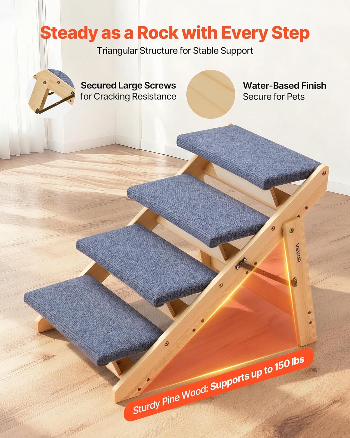 VEVOR Wood Pet Stairs, 2-Step Dog Stairs for Beds, Sofa & Cars, 110lbs Load Capacity, Floded Flat Design, Stable & Sturdy Cat & Dog Step Ladder for Small Medium Large Older Pet Puppy Essentials